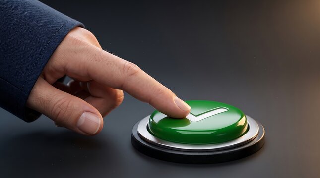 Hand pressing glowing green button representing digital action, control and technology