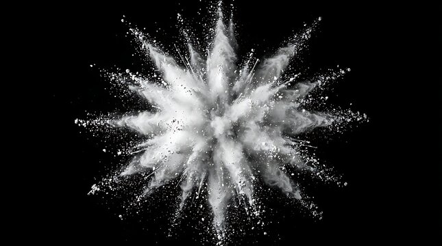 Explosion of white dust or powder creating a starburst pattern isolated on a solid black background