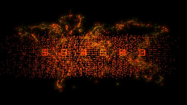 An orange ember particle world map matrix featuring glowing numerical codes simulates global data corruption, server firewall breach, and cyber security glitch events.