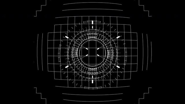An animated radial scanner heads-up display overlay featuring intricate concentric data rings and grid alignment graphics for advanced scientific research and cyber surveillance.