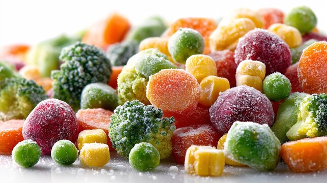 A mixture of colorful frozen vegetables covered in ice crystals on a white background
