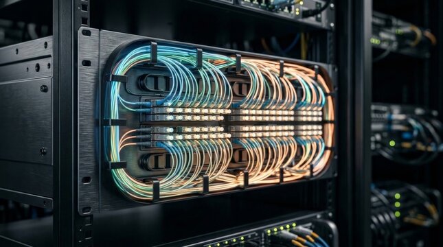 A close up view of a modern data center rack populated with neatly organized fiber optic cables glowing softly in blue and orange lights within a specialized patch panel enclosure