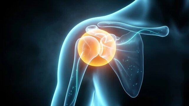 Anatomical visualization of a human shoulder joint with glowing orange light indicating pain or inflammation on a blue translucent skeletal structure