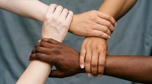 Four people of diverse ethnicities holding each other wrists in a strong interlocking circle pattern against a grey background, symbolizing unity, teamwork, racial diversity, and mutual support.