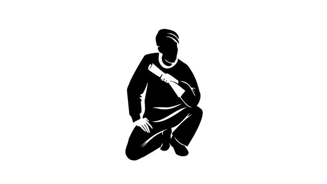 Black silhouette of a man in traditional clothes sitting cross-legged on a white background, minimalist monochrome vector illustration of a single seated male figure with a sash and head wrap