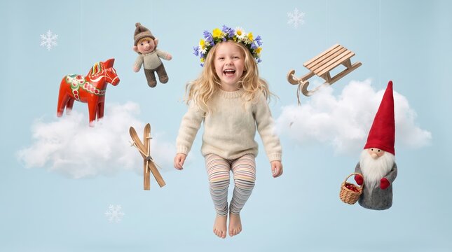 Happy Swedish girl in flower crown and knitted sweater floating among Dala horse, tomte gnome, sled, skis and knitted troll