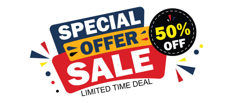 Dynamic promotional sale banner with exclusive offer and 50 percent off badge. Vector illustration. 
