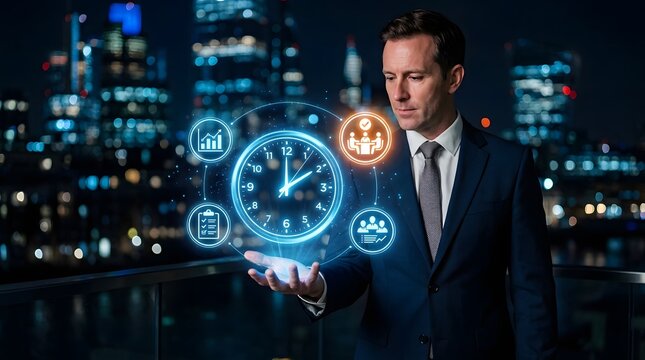 Businessman holding a digital clock hologram with business icons against a city skyline at night