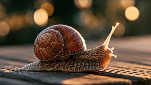 A snail crawls across a wooden surface in a garden setting as the sun sets, with a blurred background creating a warm atmosphere.