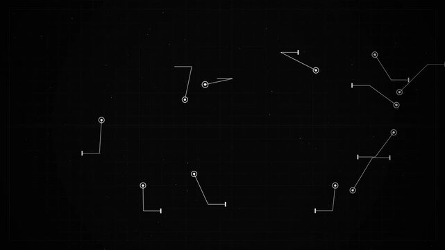 Minimalist digital HUD interface elements with glowing white lines and dot callouts on a dark background, concept for high-tech data visualization, ideal for video editing and sci-fi UI design