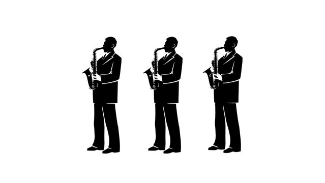 Three black silhouette saxophone players standing in a row on a white background, minimalist monochrome vector illustration of jazz musicians in suits playing saxophones, front view