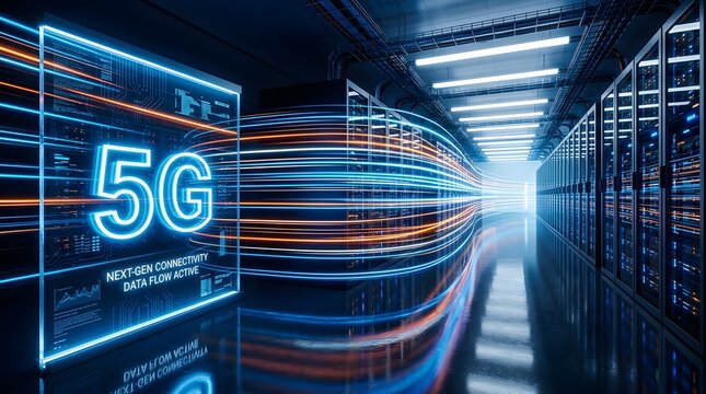 5g technology concept with data flow lines in a modern server room data center