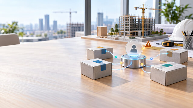 AI construction tender agent conflict check concept with package, building model, warning symbol, and digital network on office table