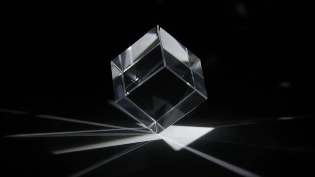 Transparent glass cube rotating on a dark reflective surface