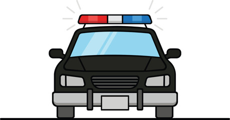 Front view of a black police car with flashing red and blue emergency lights on the roof vector © Naim01