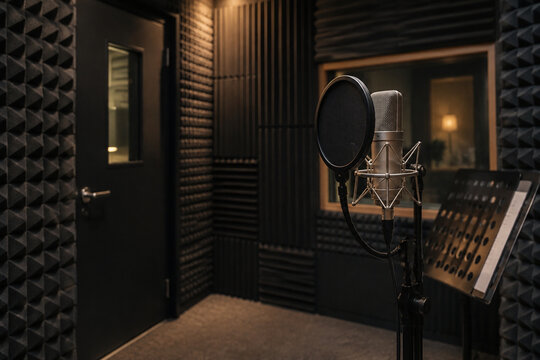Recording studio isolation booth with walls covered in acoustic foam.