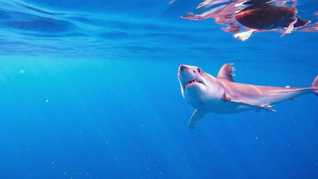 Thrilling extreme underwater close up of a wild mako shark swimming directly towards the camera showing its sharp teeth in the blue ocean.