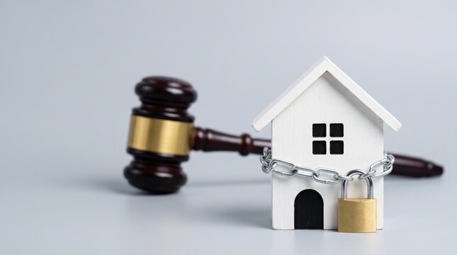 Foreclosure concept with house model chained and locked near judge gavel