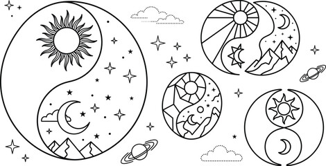 Celestial yin yang sun and moon line icon vector set showing mystical landscape on white background © BabliAra