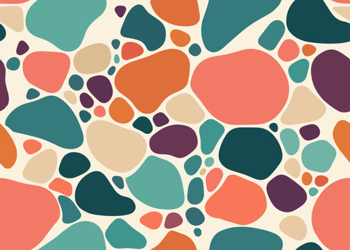 Seamless pattern with colorful organic pebble shapes in retro aesthetic vector illustration