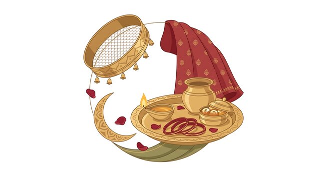 Illustration of Karwa Chauth festival elements with sieve, moon, and traditional offerings.