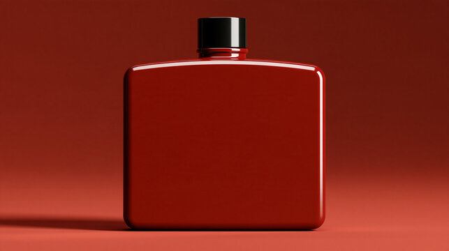 Red metal flask with black cap on solid background  