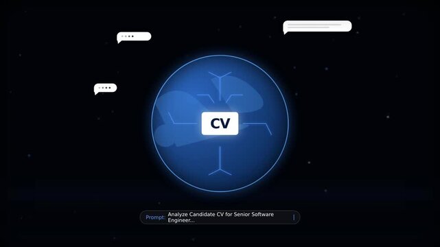 Modern digital interface with glowing blue neural network circle and CV analysis prompt, concept for automated recruitment, suitable for HR technology and hiring software promotions.