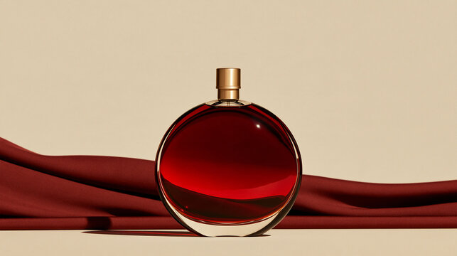 Round glass perfume bottle with red liquid on beige background