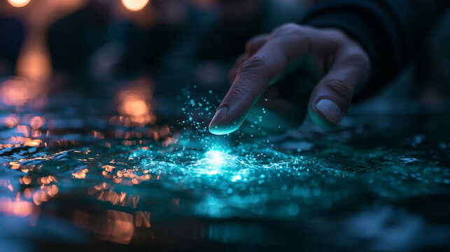 Finger Touching Glowing Water with Digital Spark Effect