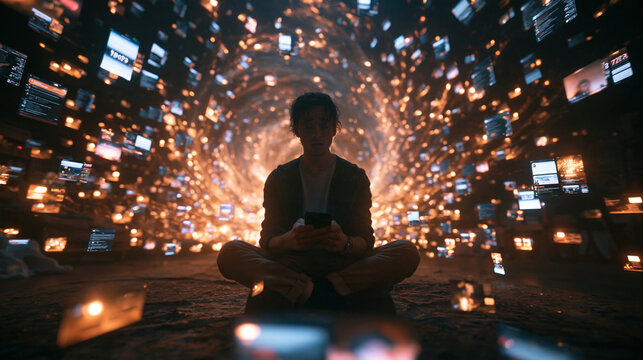 Person Using Smartphone Surrounded by Vortex of Digital Screens