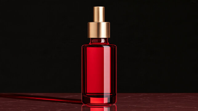 Red glass perfume bottle with gold spray cap on dark background  