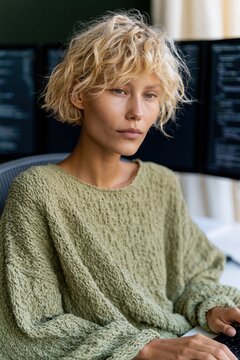 Blonde female programmer portrait at workstation with code on monitors for technology website banner and corporate profile design