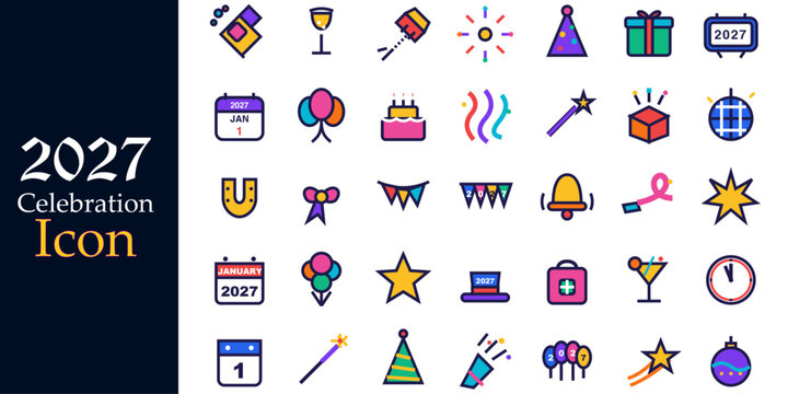 Colorful New Year and Party Celebration Vector Icons Set, Champagne Glasses, Party Hats, Birthday Cake, Gift Boxes and Calendar Festive Symbols Collection