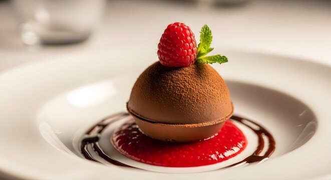 Chocolate dome dessert with fresh raspberry and mint on a white plate