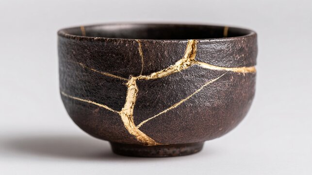 Rustic dark brown ceramic bowl repaired with gold lacquer isolated on white background