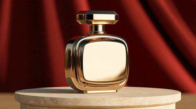 Gold perfume bottle on marble pedestal with red curtain background  