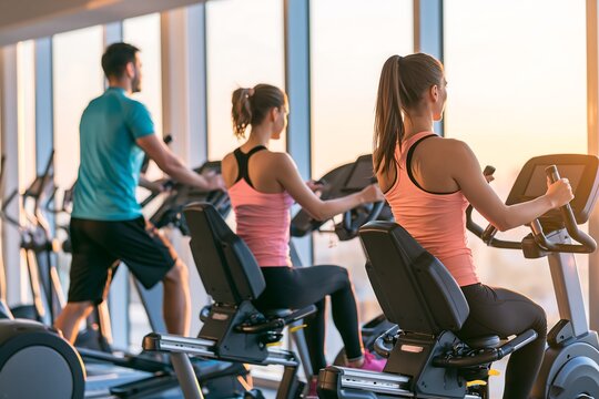 Group of people doing cardio workout on stationary recumbent bikes and elliptical machines in a modern high rise gym with large windows during golden hour