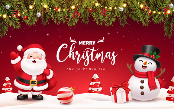Merry Christmas Background with Santa Claus and Snowman, Festive Pine Garland, Ornaments and Gifts