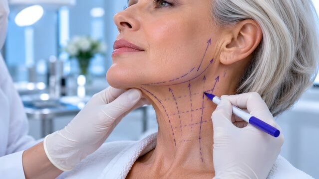 Dermatologist drawing preoperative marking lines on mature woman neck for RF lift