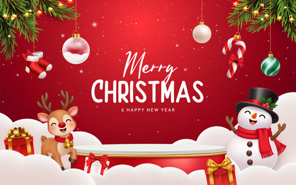 Merry Christmas Podium Background with Snowman and Reindeer, Festive Ornaments, Gifts and Pine Branches