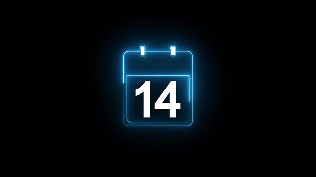 Glowing neon calendar date 14 symbol for deadline and planning. neon calendar icon deadline date animation.