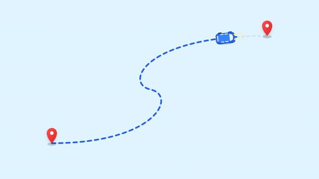 Blue car following a curved route between two map pins