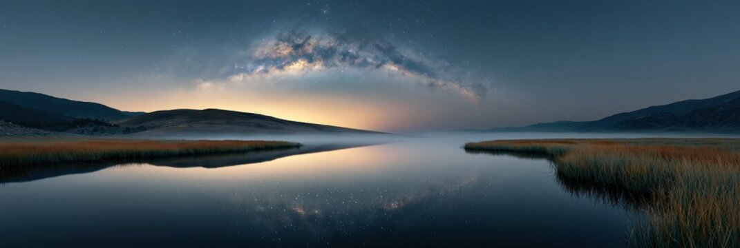 Panoramic tranquil lake at dusk with milky way reflection for landscape background and wallpaper design