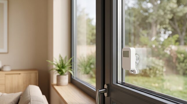 Smart home window sensor attached to a glass balcony door for security monitoring with contact sensor alarm system home automation wireless