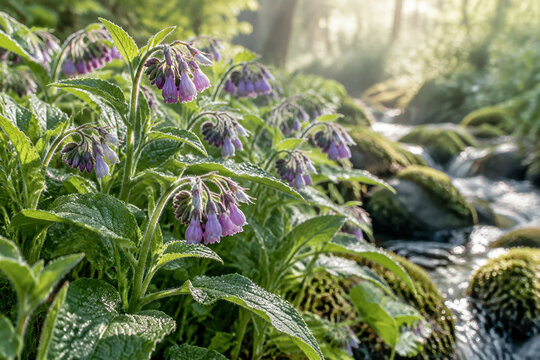 Comfrey plants with purple flowers growing by a mossy stream, morning light.