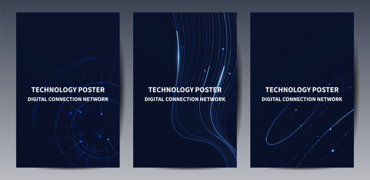 Futuristic digital blue line technology poster set, glowing lines innovation and connection network background for tech event poster or presentation product business