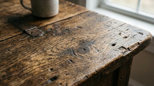 Rustic wooden table with knot and mug, close-up, natural light.