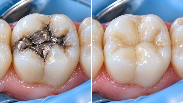 Before and after dental filling replacement dark amalgam vs composite tooth colored filling