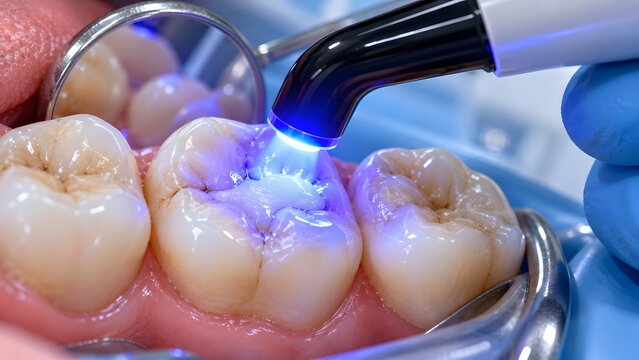 Dentist using UV curing light lamp on composite tooth colored filling during restoration