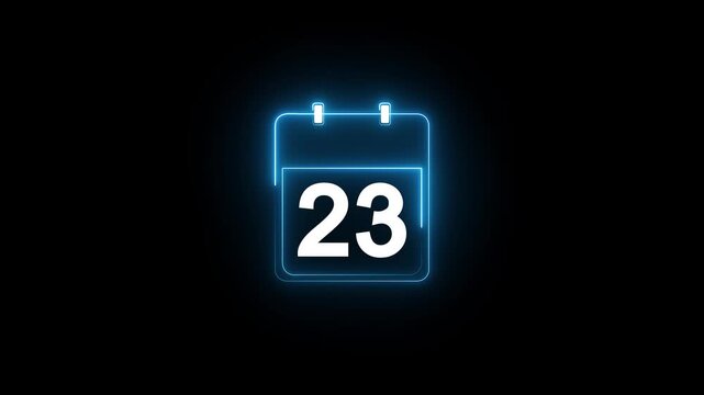 Glowing neon calendar date 23 symbol for deadline and planning. neon calendar icon deadline date animation.